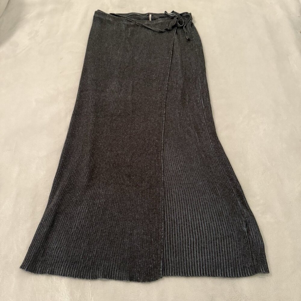 Free People Borderline Midi Wrap Skirt M Ribbed Knit Carbon Gray Side Tie